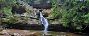 A photograph of a waterfall at Hocking Hills State Park in Ohio..