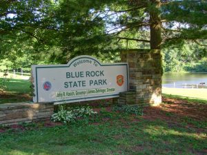 An image of the front sign at the entrance of the Blue Rock State Park.