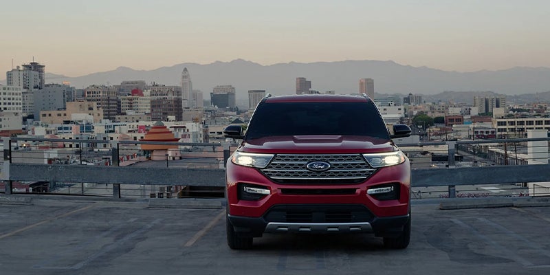 A red 2023 Ford Explorer.