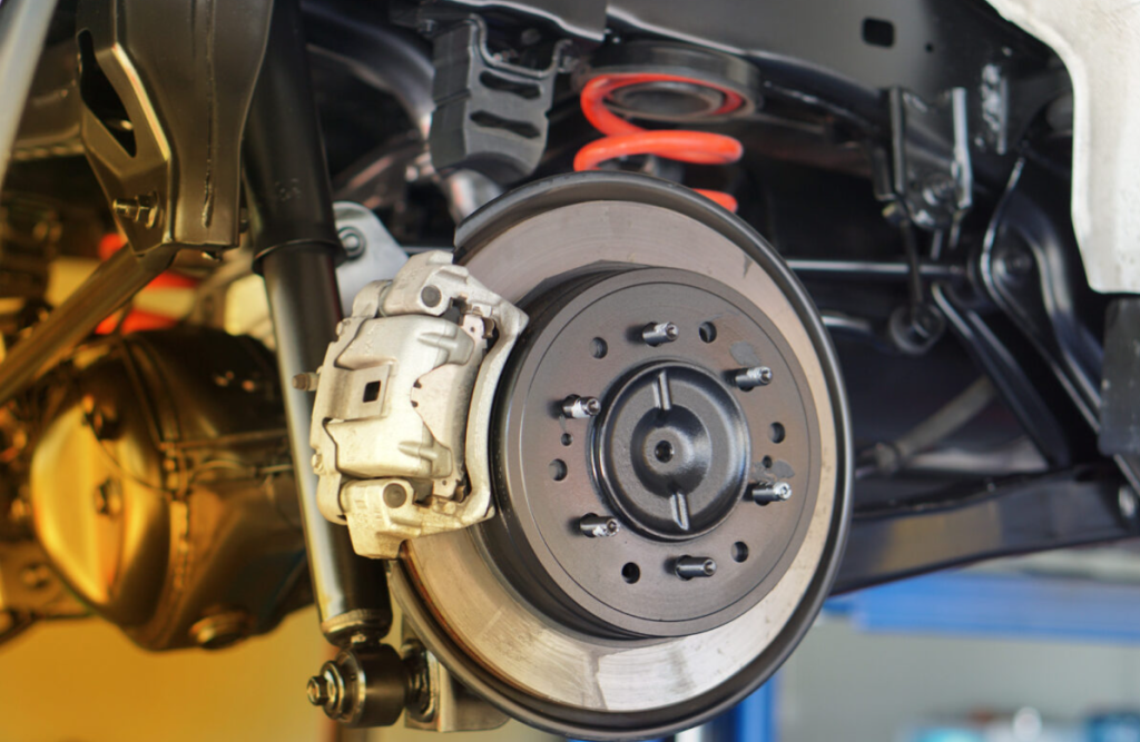 Exposed vehicle brakes.