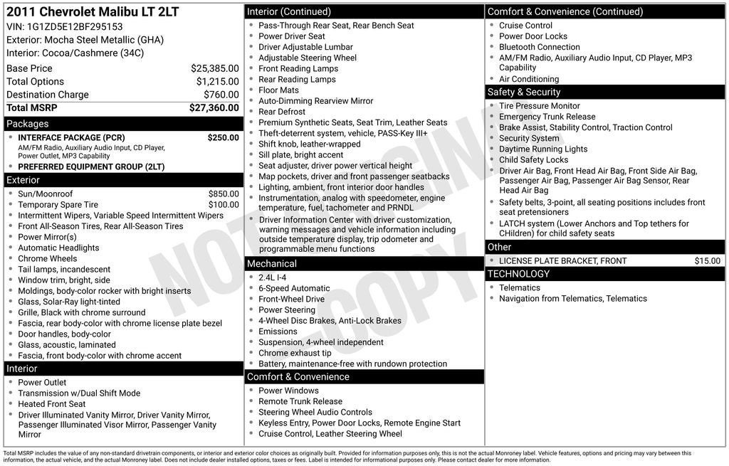 2011 Chevrolet Malibu LT w/2LT